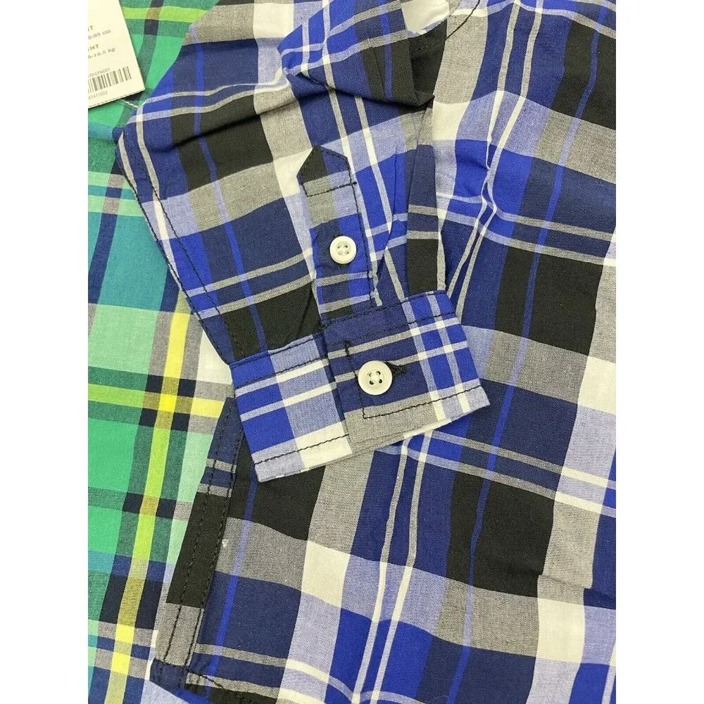 GYMBOREE Toddler Boy 2-Pcs Button Front Plaid Shirt 100% Cotton Blue/Green 3T - Picture 9 of 11